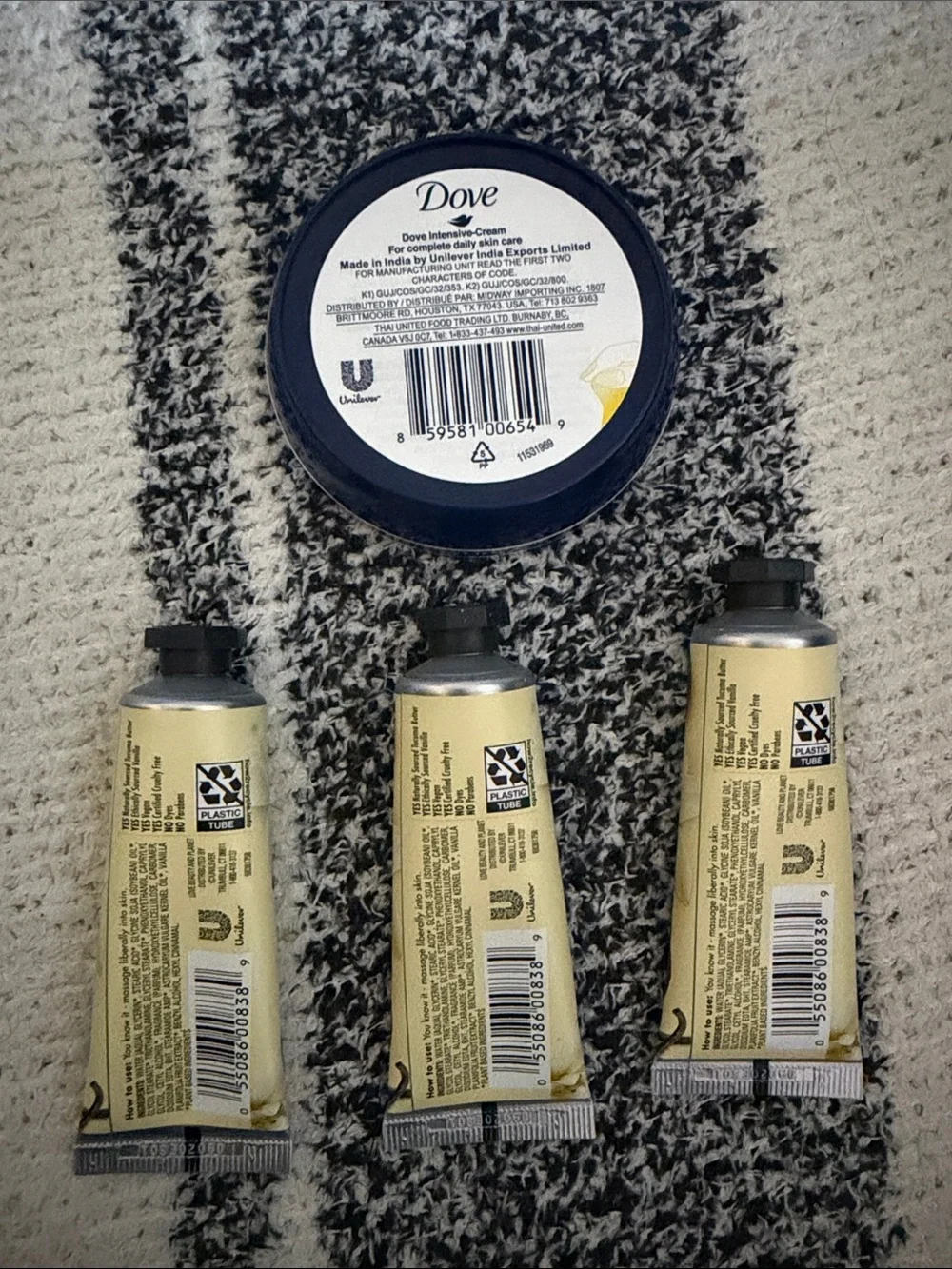 Dove Intensive-Cream (White) & Love Beauty and Planet Hand Lotion Trio (Yellow)